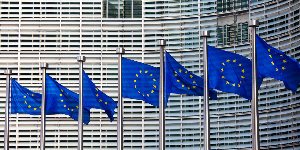 European flags in front of the Berlaymont building headquarters of the European commission in Brussels.